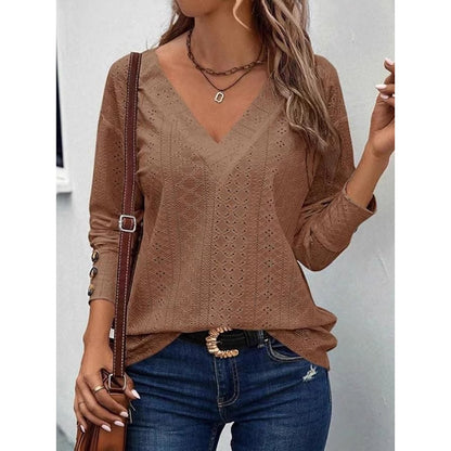 Womens Long Sleeve Eyelet Tops V Neck Fall Shirts Casual Loose Blouses Trendy Clothes